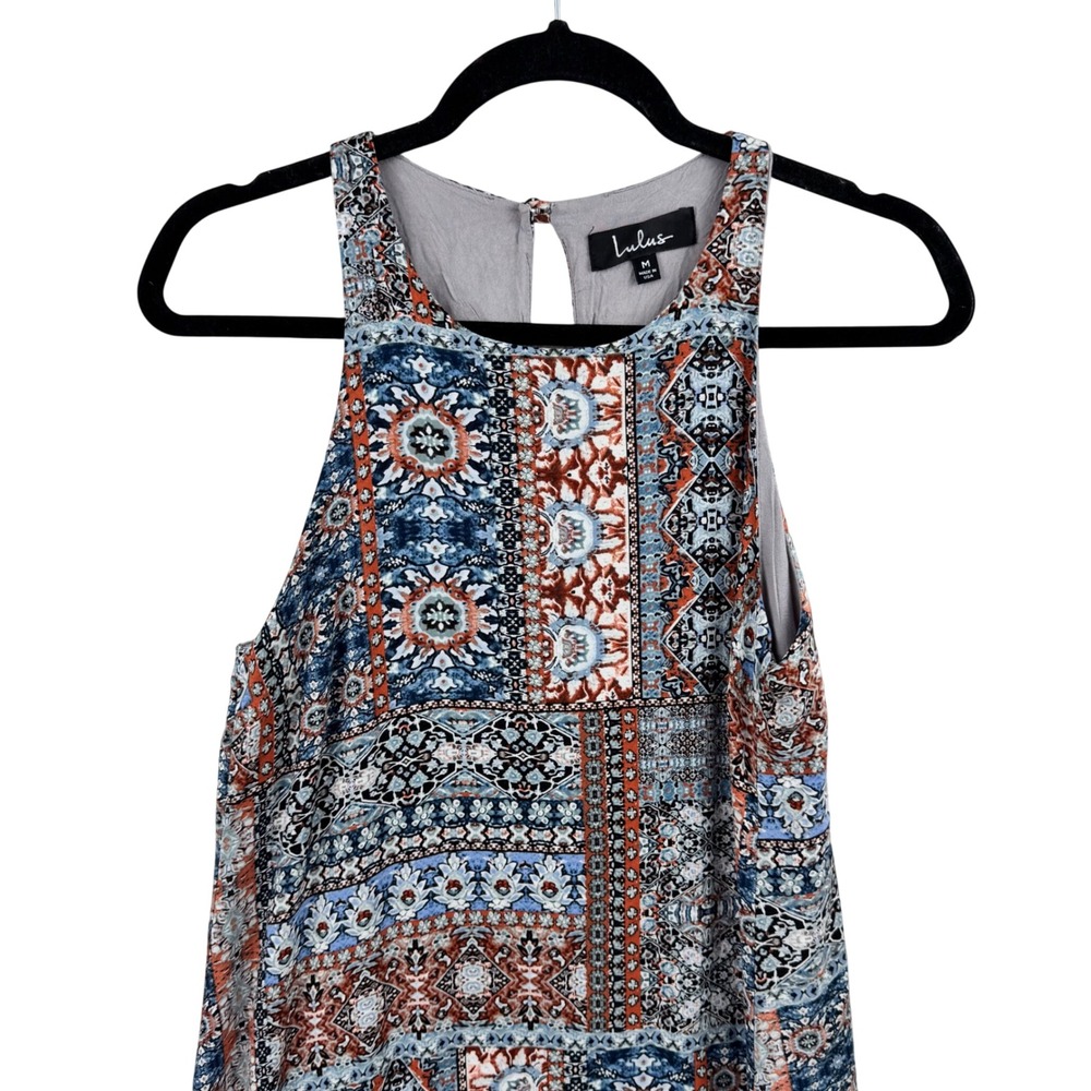 Lulus Dress Mini Womens Medium Blue Orange Tile Patchwork Boho Sleeveless - Picture 7 of 11